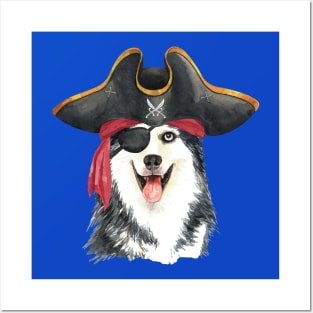 Siberian husky pirate hand drawn watercolor Posters and Art